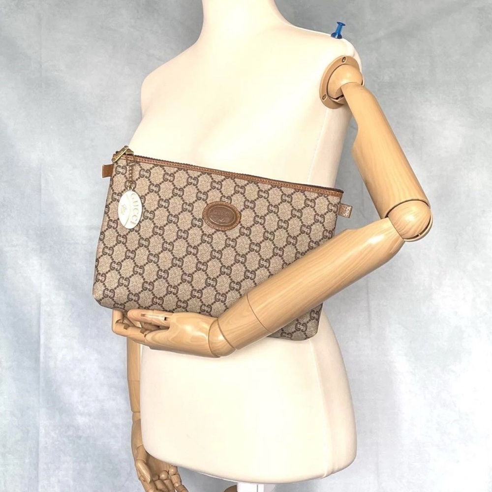 Gucci Beige GG Canvas Clutch with Brown Leather Trim